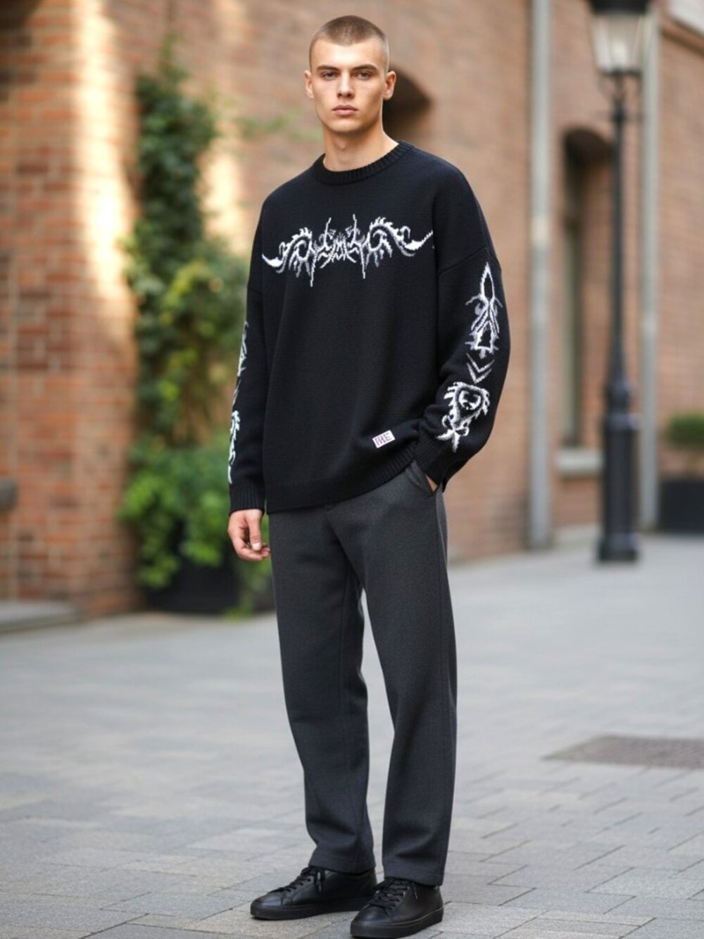 Ragged Priest Mens Black Tribal Cyber Sigilism Abstract Oversized Sweater Size M